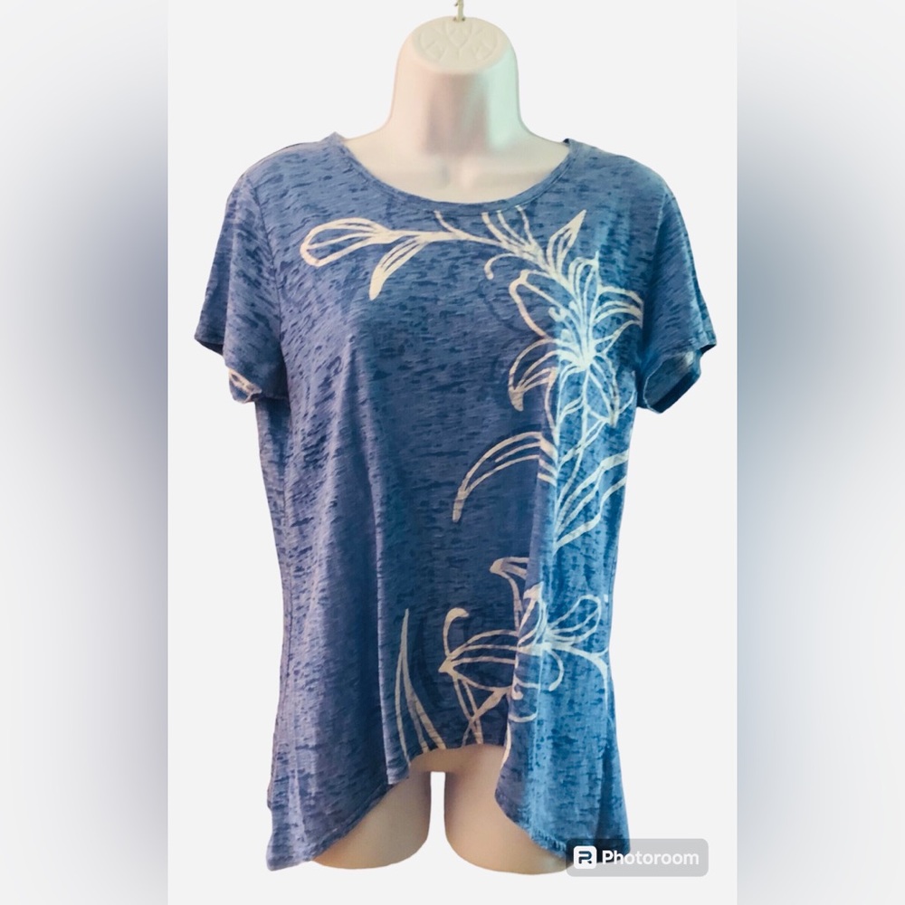 Caribbean Joe Tunic Top L Blue Shark Bite Hem Short Sleeve Casual Floral Design